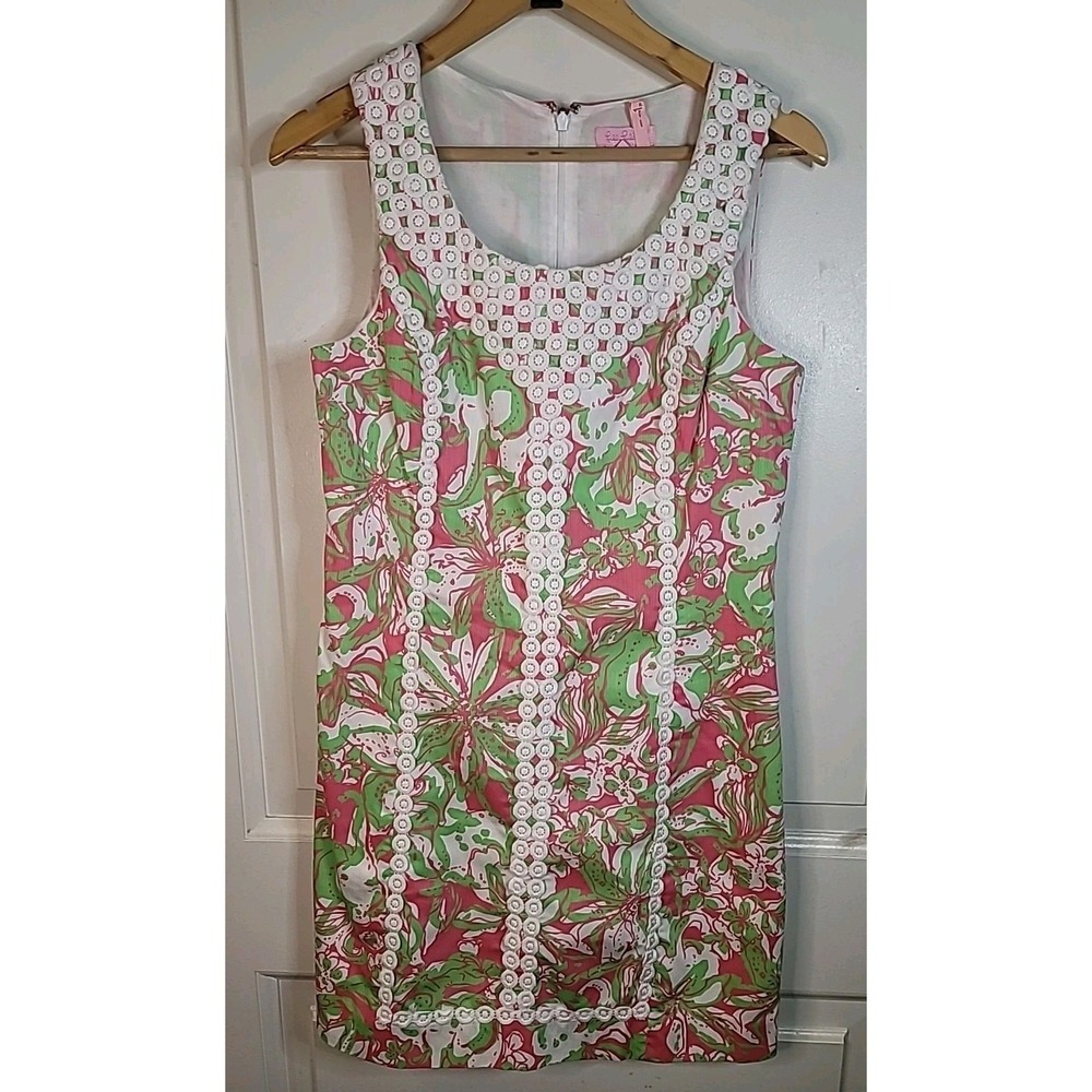 Lilly Pulitzer Shift Dress Women's 10 Pink Green EUC Beachy Preppy Tropical - Picture 2 of 7